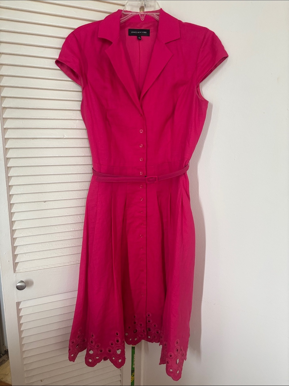 Jones New York Hot Pink Button-Front Eyelet Midi Dress